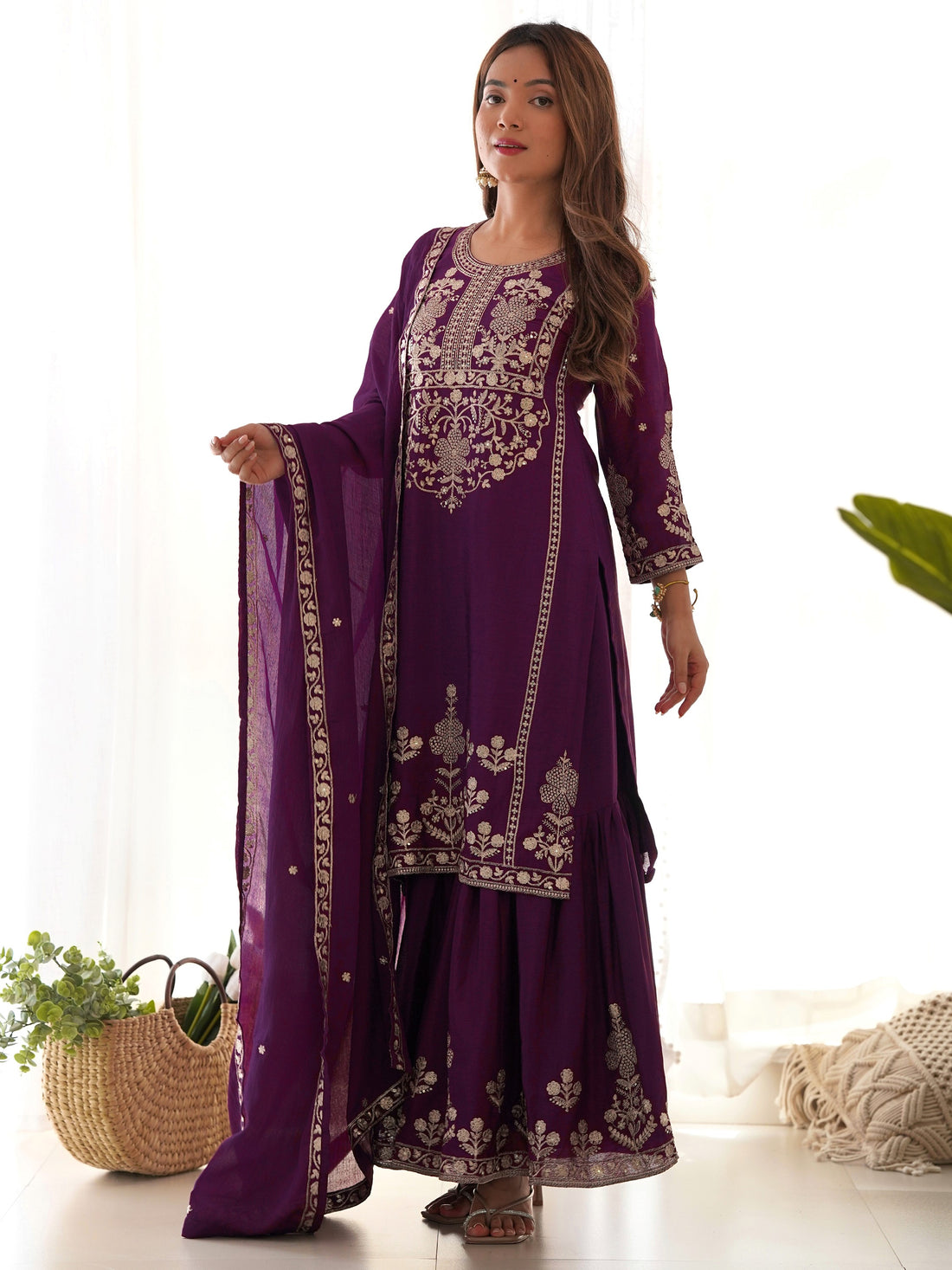 Sparkling Purple Embroidered Chinon Engagement Wear Sharara Suit