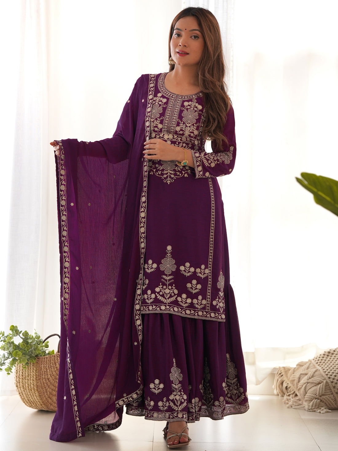Sparkling Purple Embroidered Chinon Engagement Wear Sharara Suit