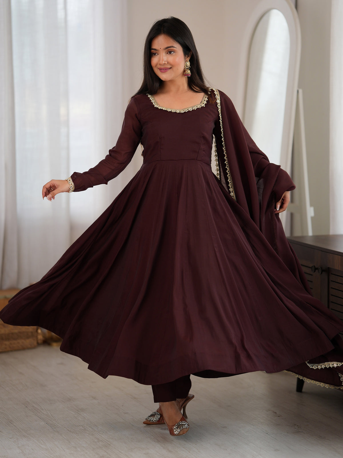 Graceful Dark Brown Mirror Lace Chanderi Festive Wear Anarkali Gown