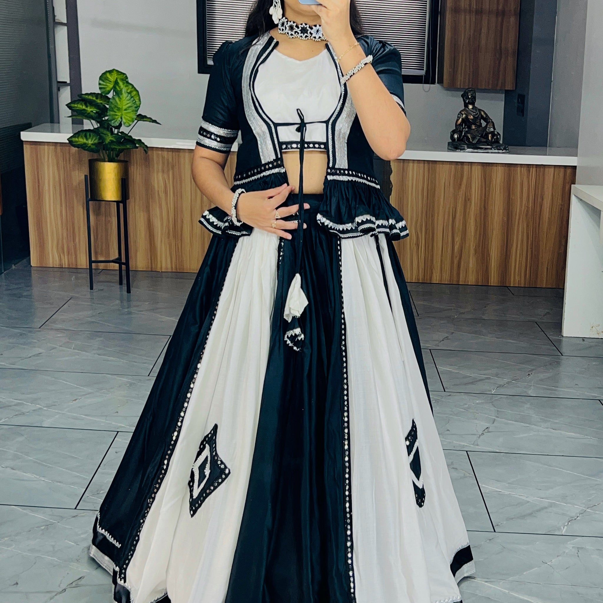 Fantastic White & Black Mirror Work Cotton Wear Lehenga Choli With Koti