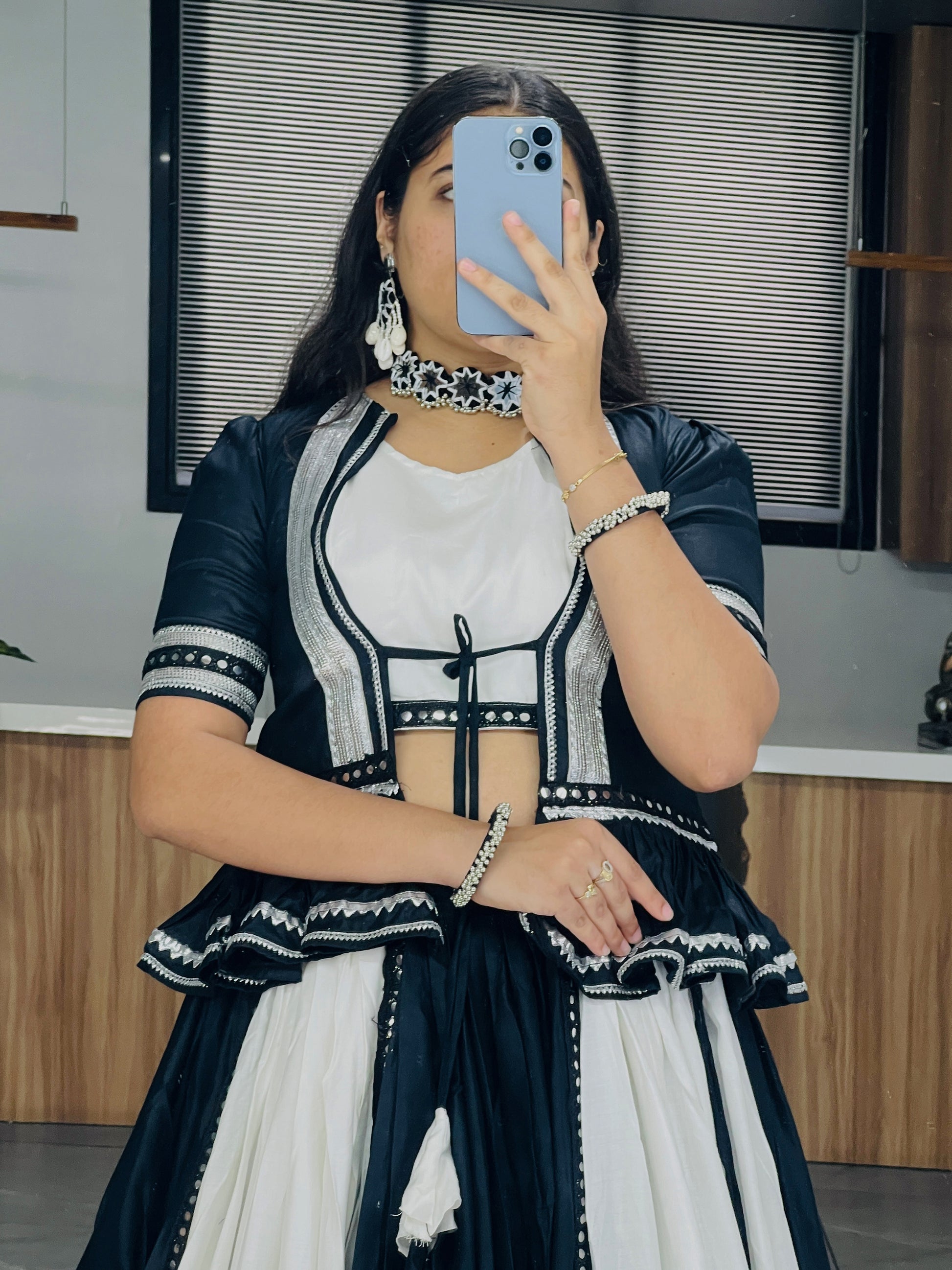 Fantastic White & Black Mirror Work Cotton Wear Lehenga Choli With Koti