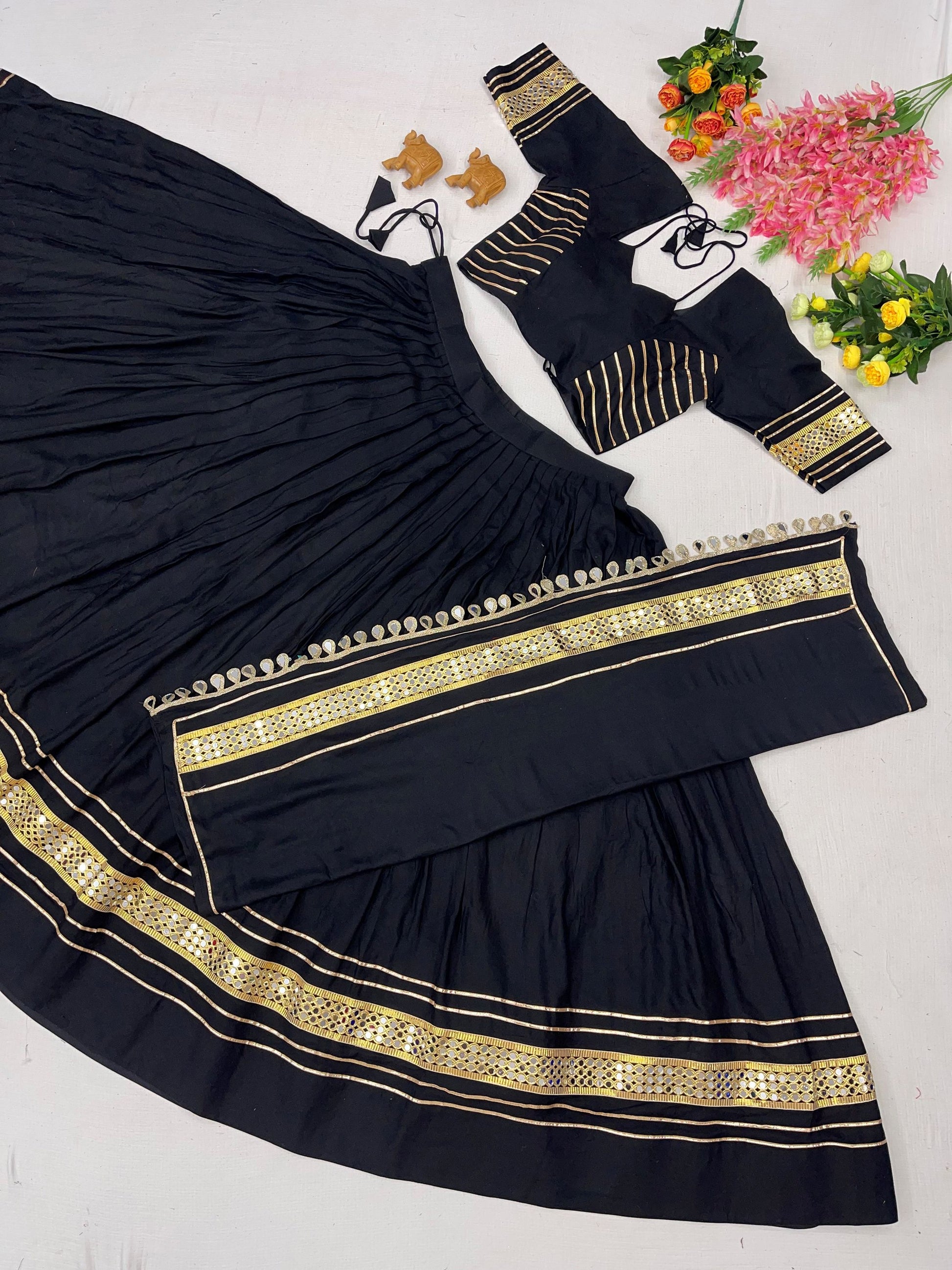 Attractive Black Mirror Lace Work Cotton Navratri Wear Lehenga Choli