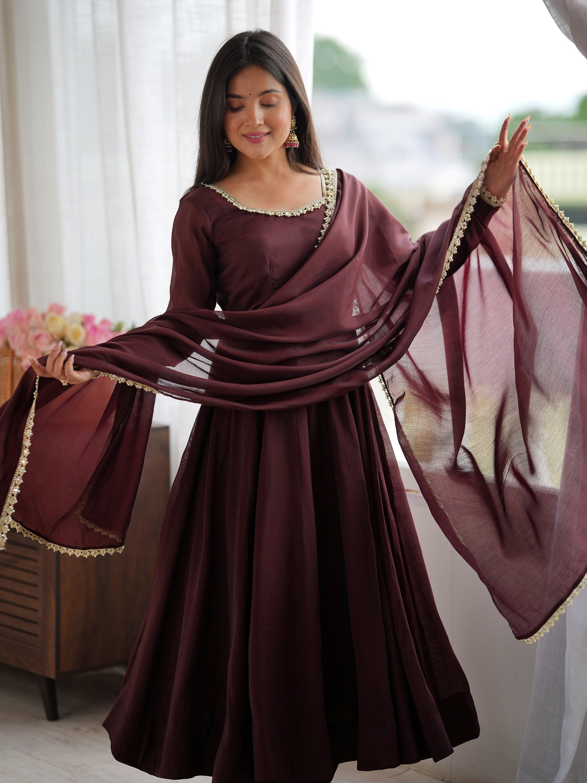 Graceful Dark Brown Mirror Lace Chanderi Festive Wear Anarkali Gown