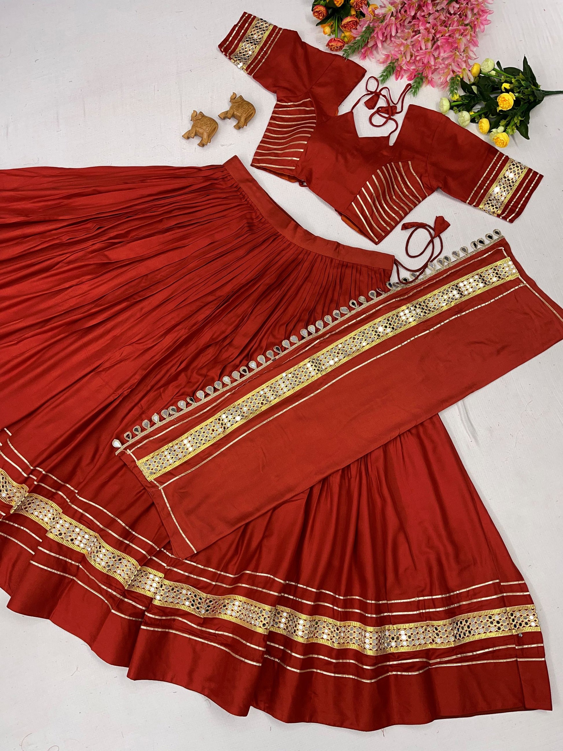 Great Rust Gota Patti Cotton Navratri Wear Lehenga Choli With Dupatta