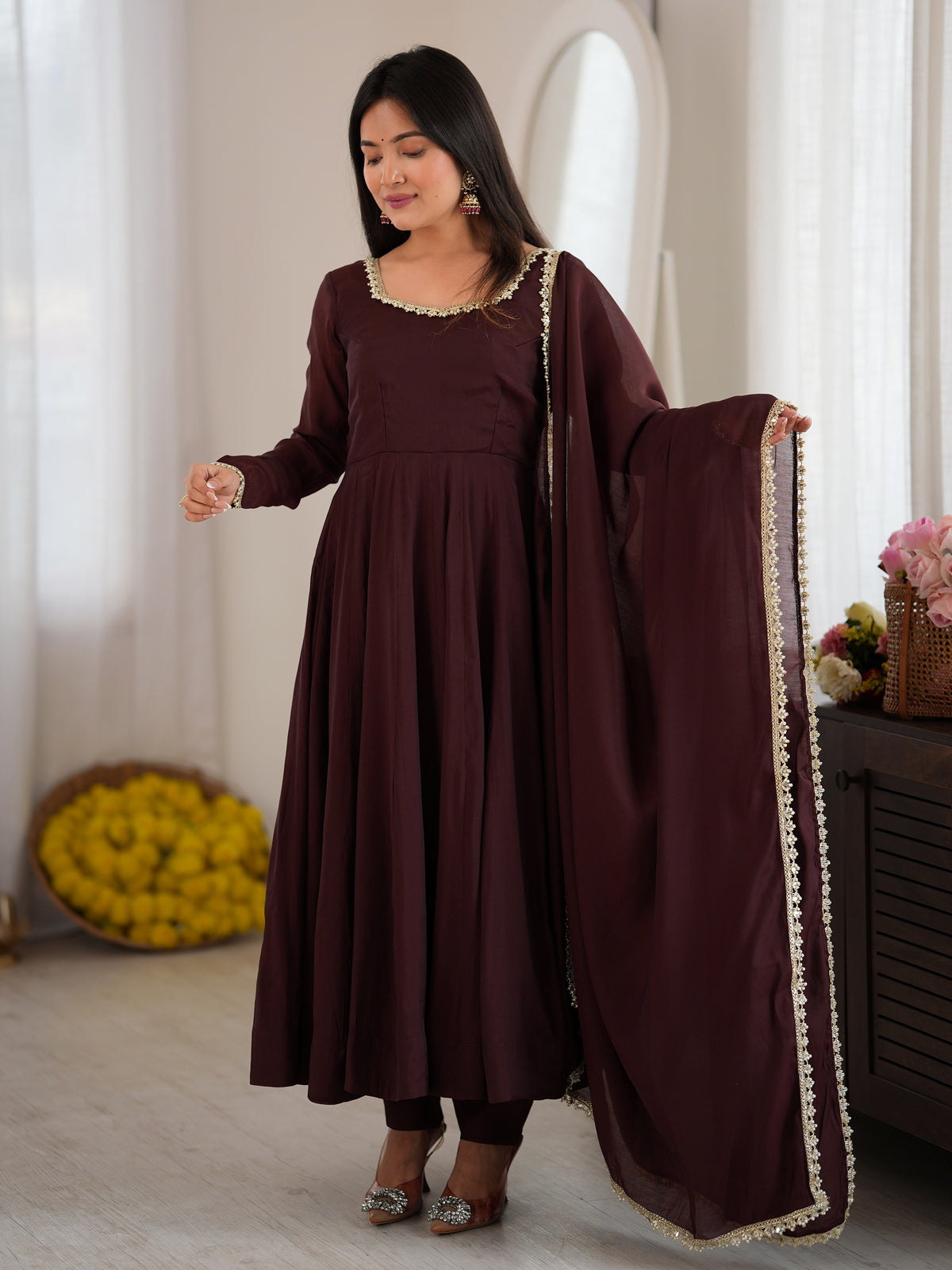 Graceful Dark Brown Mirror Lace Chanderi Festive Wear Anarkali Gown
