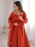 Tantalizing Rust Orange Lace Work Silk Festive Anarkali Suit With Dupatta