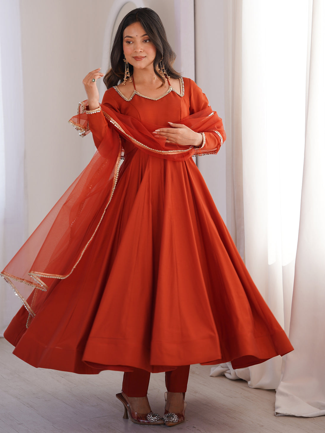 Tantalizing Rust Orange Lace Work Silk Festive Anarkali Suit With Dupatta