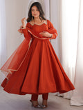 Tantalizing Rust Orange Lace Work Silk Festive Anarkali Suit With Dupatta