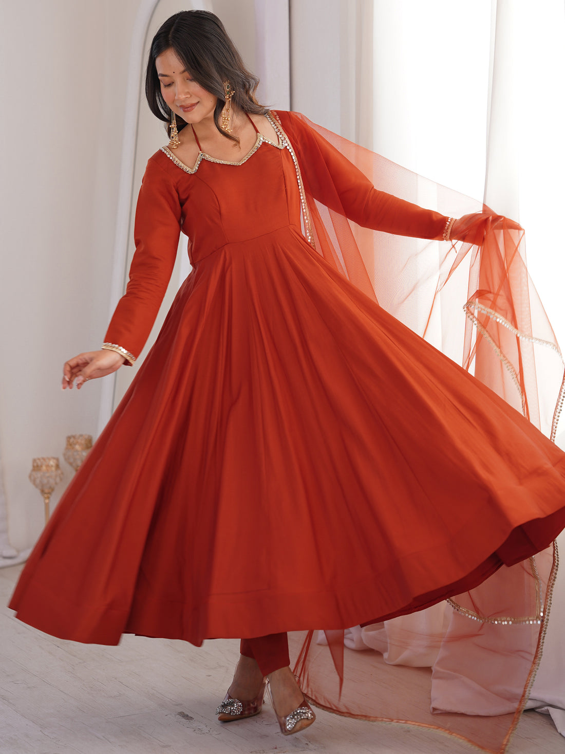 Tantalizing Rust Orange Lace Work Silk Festive Anarkali Suit With Dupatta