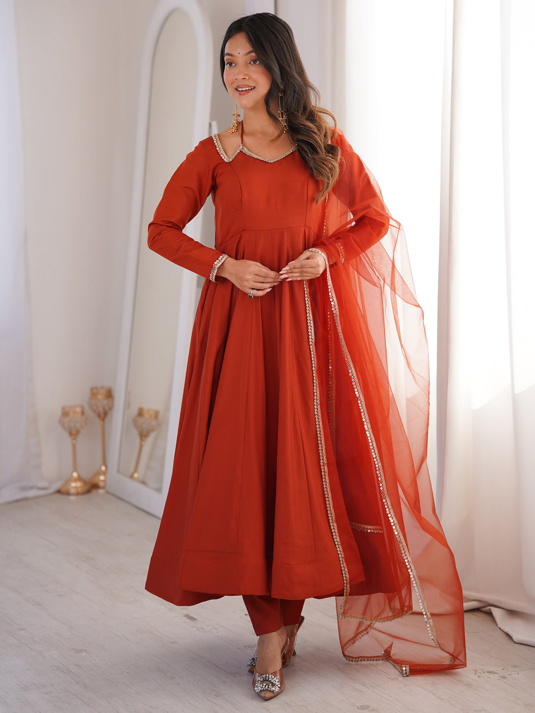 Tantalizing Rust Orange Lace Work Silk Festive Anarkali Suit With Dupatta