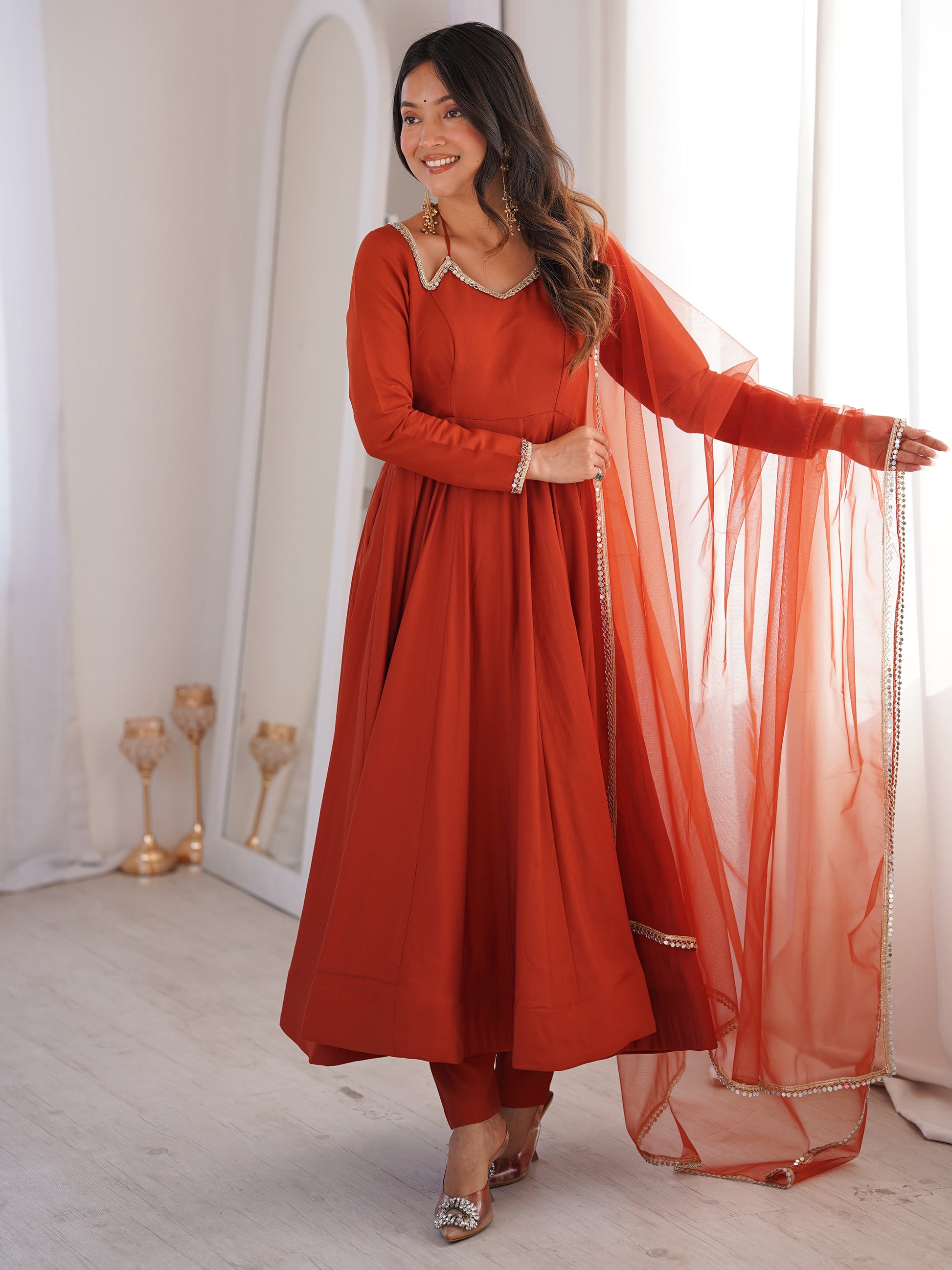 Tantalizing Rust Orange Lace Work Silk Festive Anarkali Suit With Dupatta