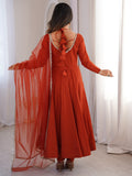Tantalizing Rust Orange Lace Work Silk Festive Anarkali Suit With Dupatta