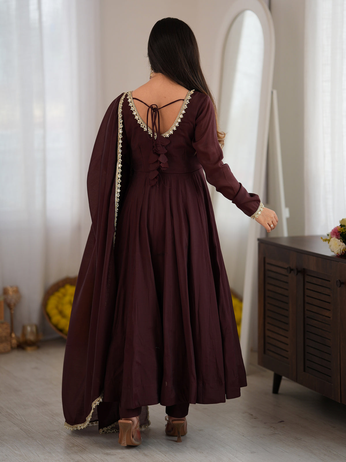 Graceful Dark Brown Mirror Lace Chanderi Festive Wear Anarkali Gown