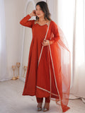 Tantalizing Rust Orange Lace Work Silk Festive Anarkali Suit With Dupatta