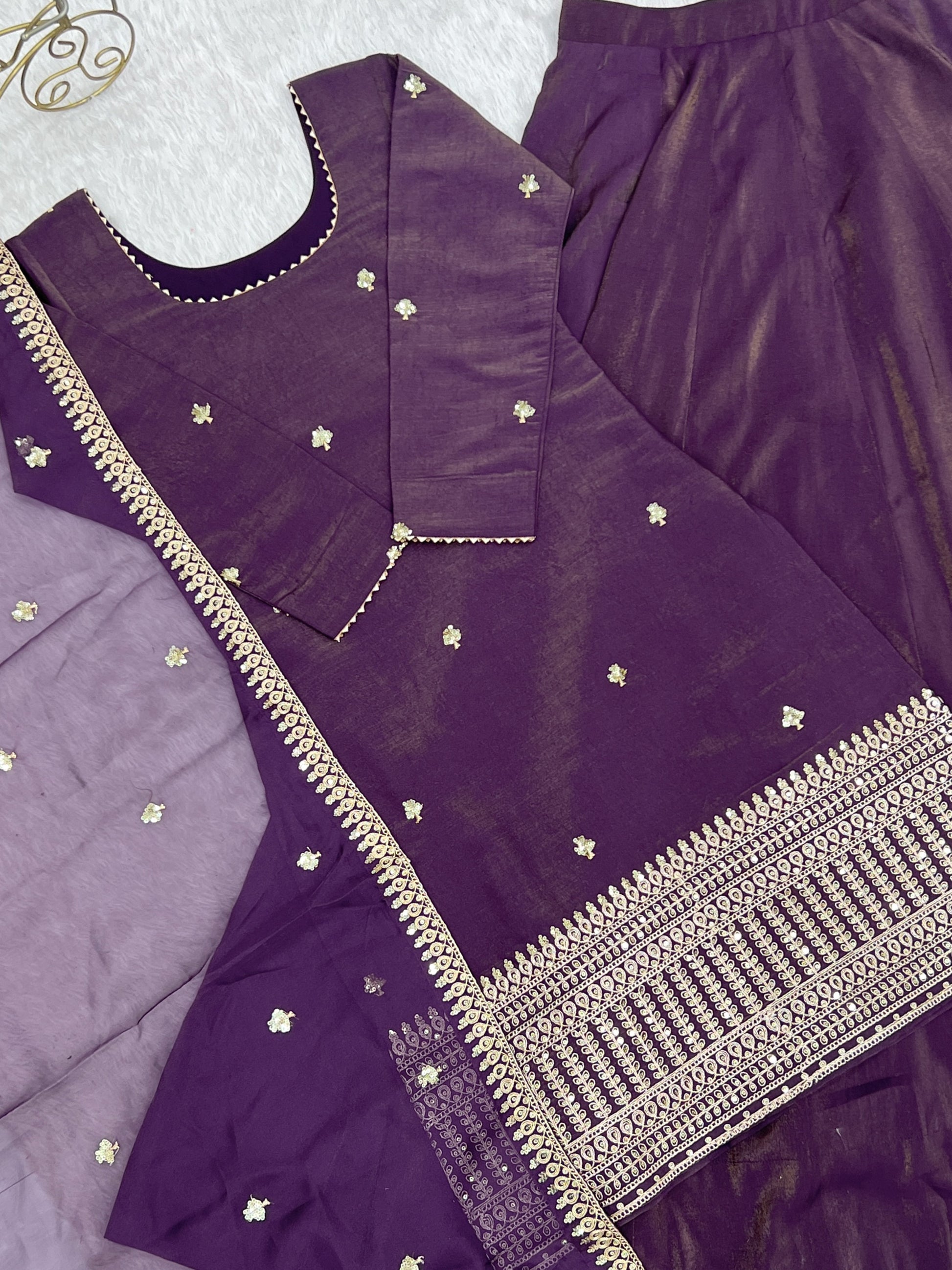 Sparkling Purple Embroidered Chinon Designer Lehenga Suit With Dupatta