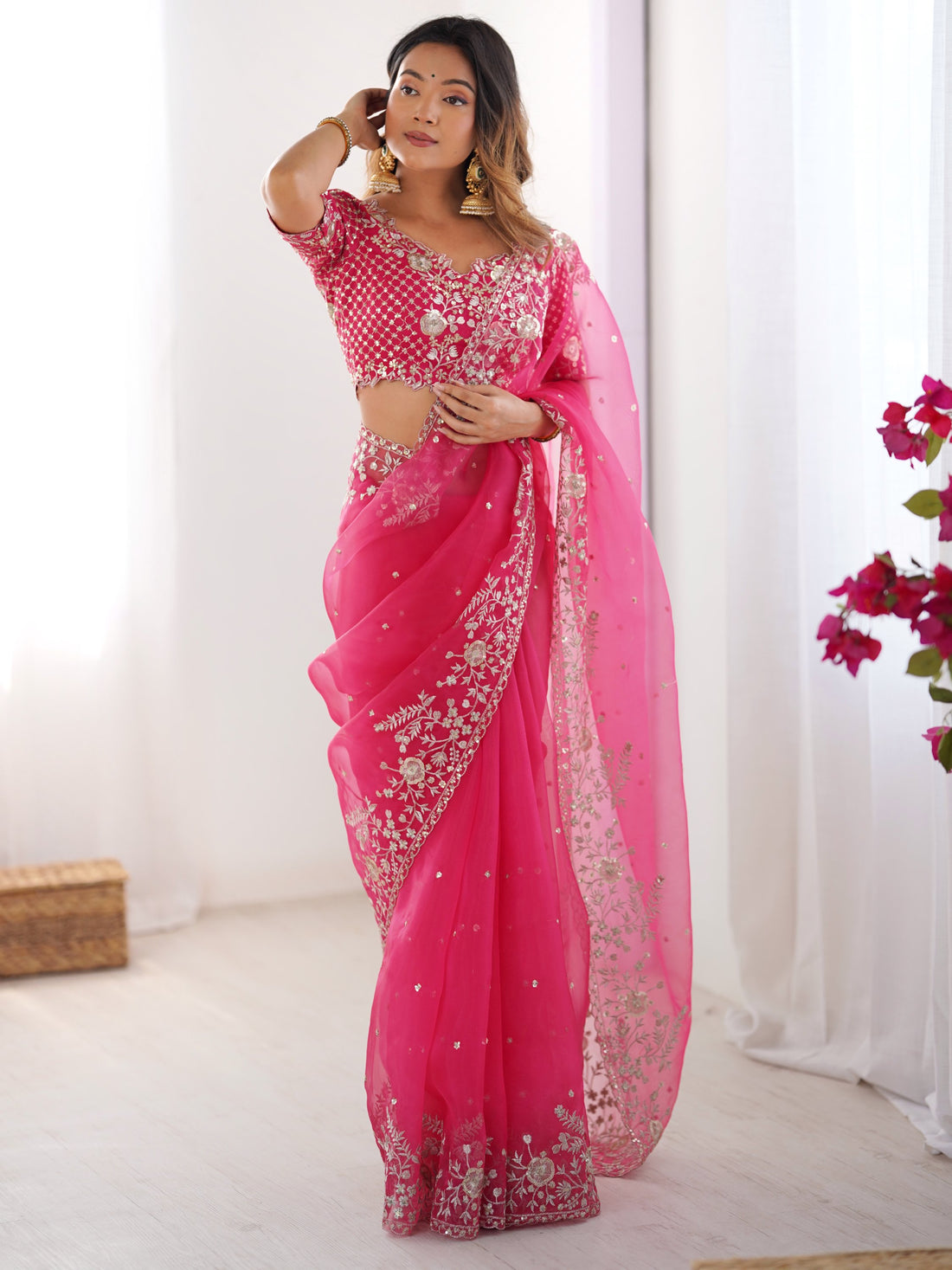 Glorious Pink Sequins Embroidery Organza Party Wear Saree With Blouse