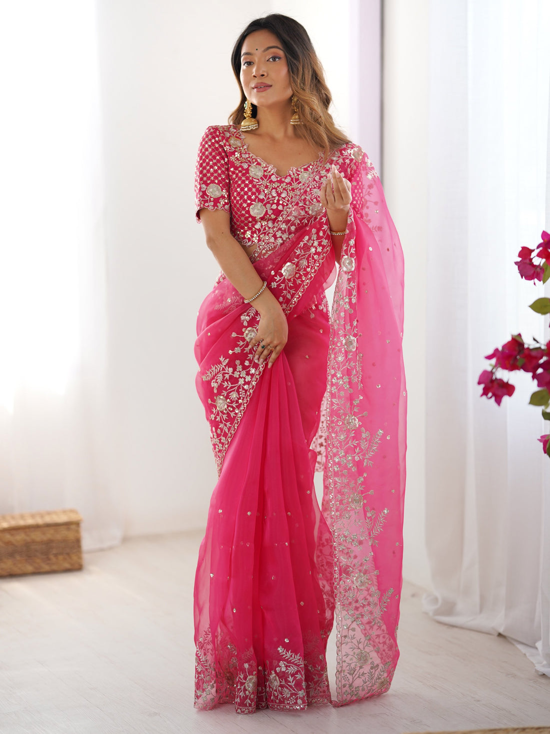 Glorious Pink Sequins Embroidery Organza Party Wear Saree With Blouse