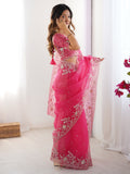 Glorious Pink Sequins Embroidery Organza Party Wear Saree With Blouse
