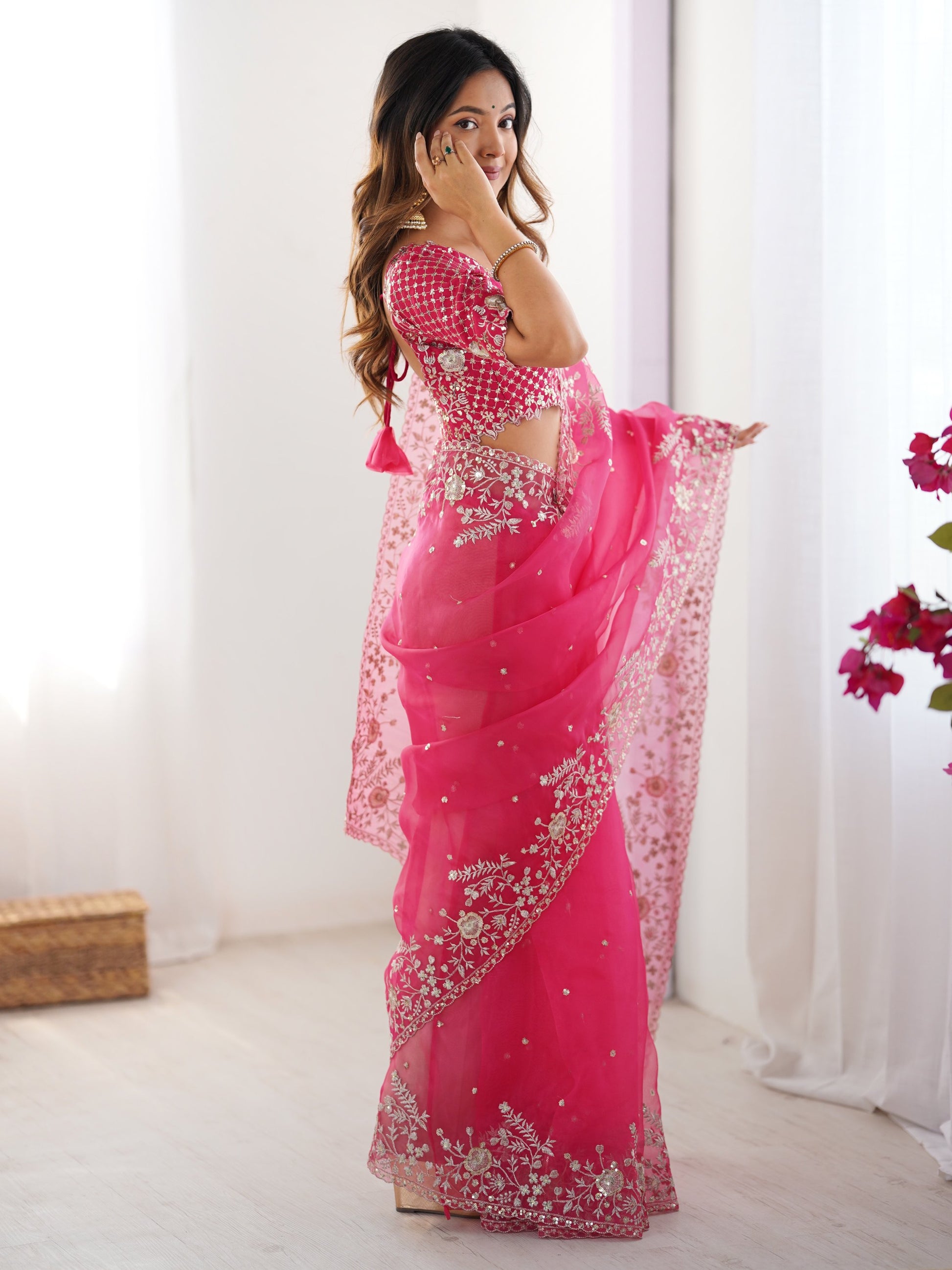Glorious Pink Sequins Embroidery Organza Party Wear Saree With Blouse