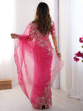 Glorious Pink Sequins Embroidery Organza Party Wear Saree With Blouse