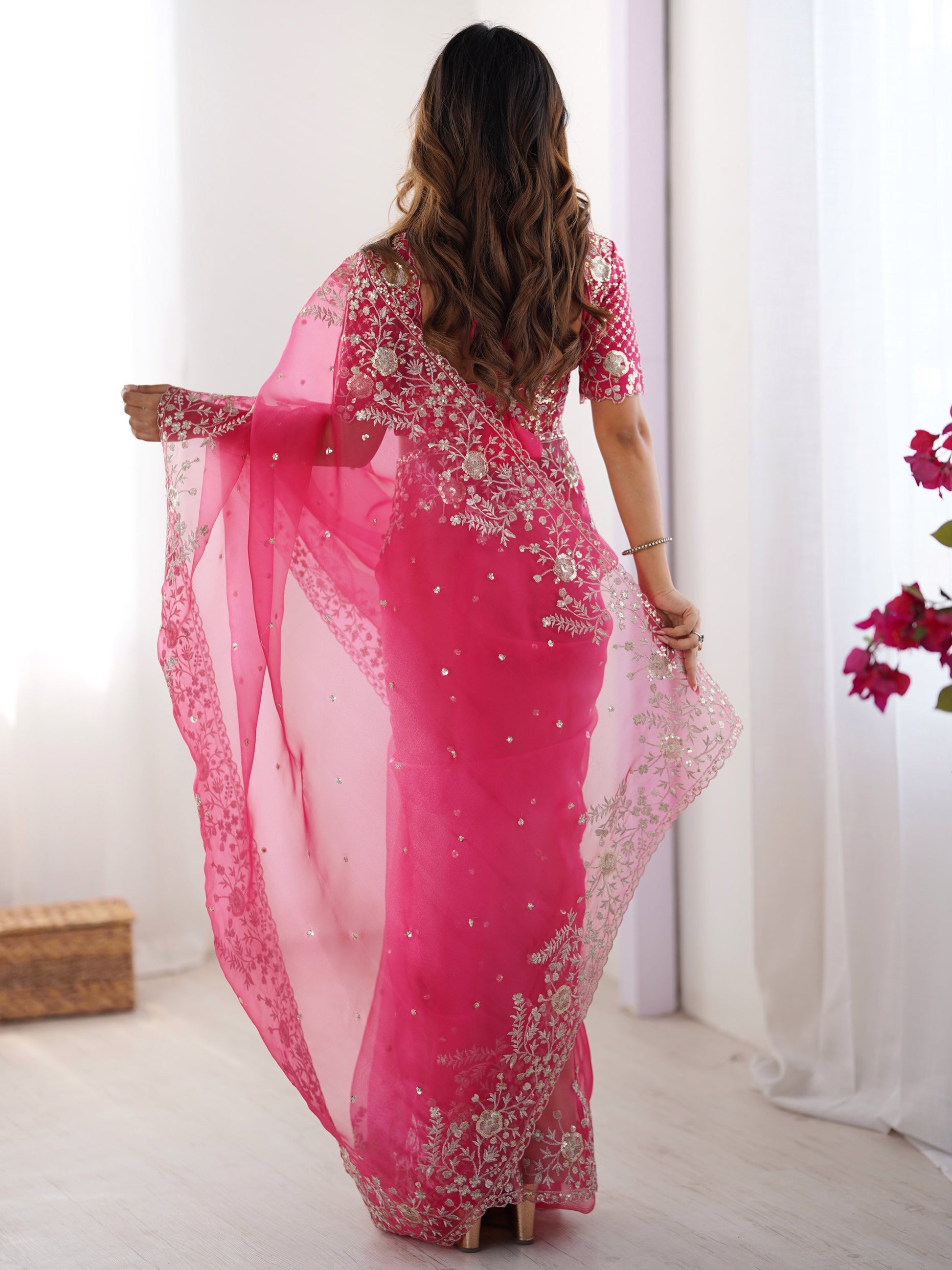 Glorious Pink Sequins Embroidery Organza Party Wear Saree With Blouse