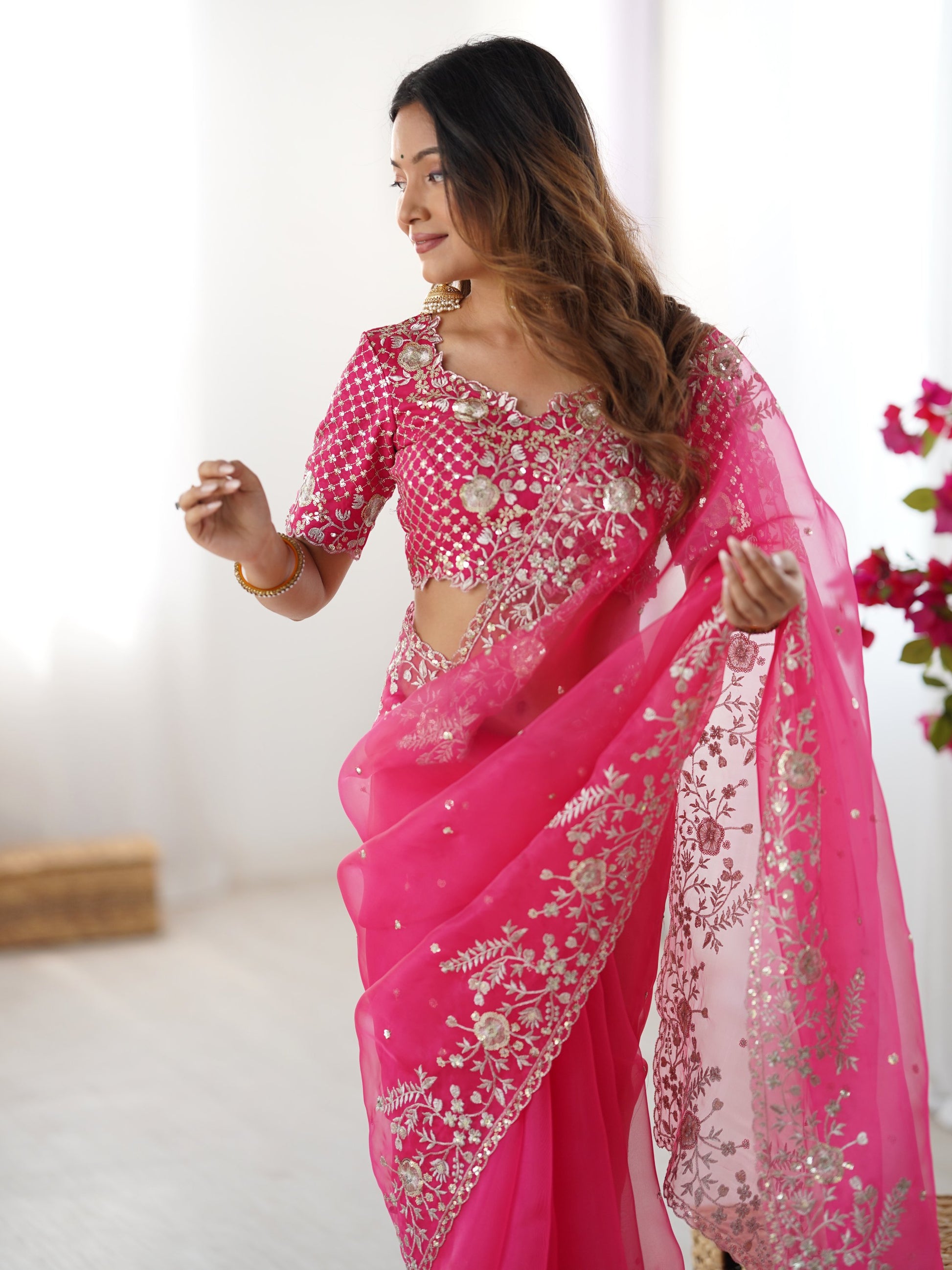 Glorious Pink Sequins Embroidery Organza Party Wear Saree With Blouse