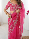 Glorious Pink Sequins Embroidery Organza Party Wear Saree With Blouse