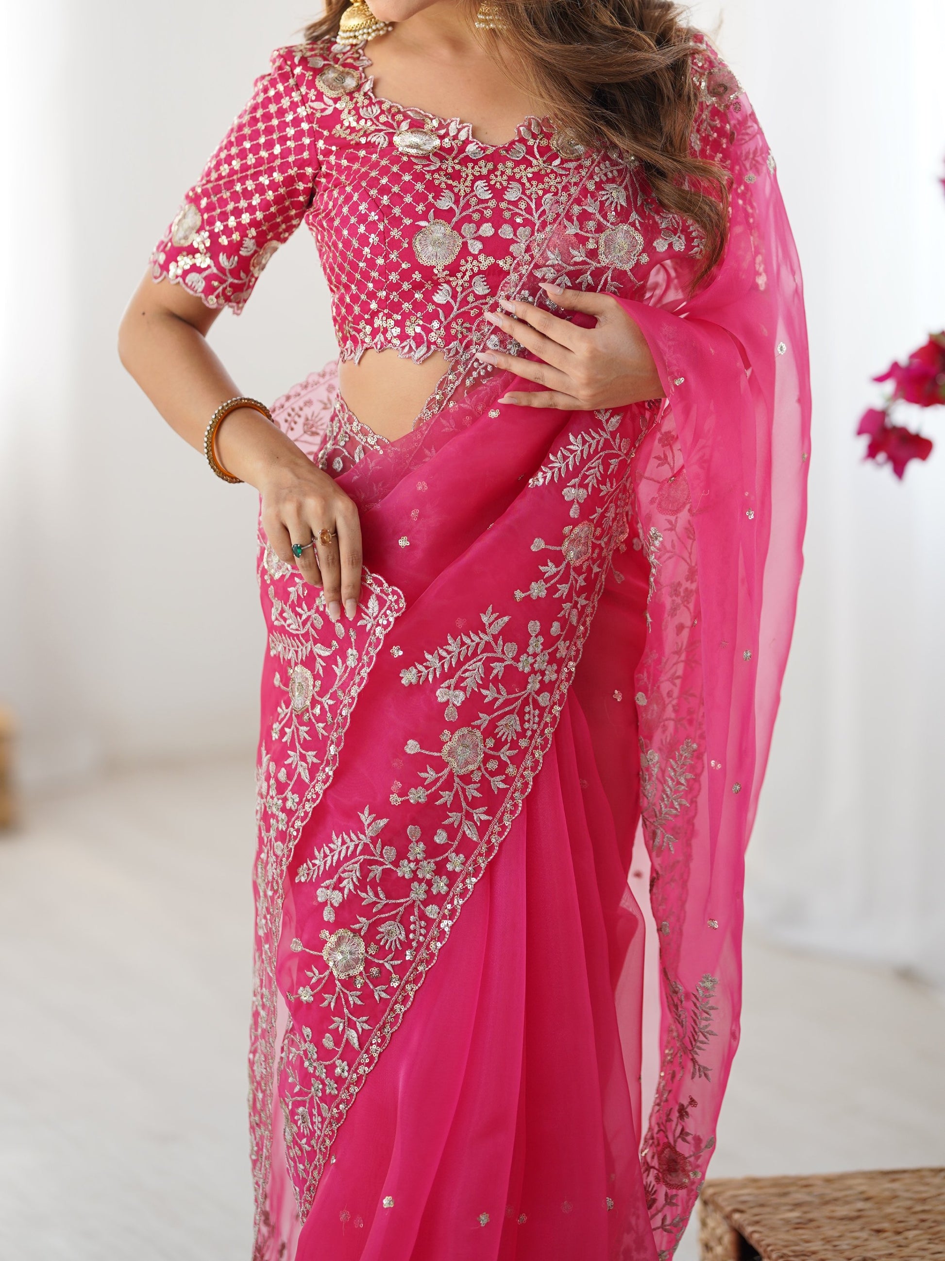 Glorious Pink Sequins Embroidery Organza Party Wear Saree With Blouse
