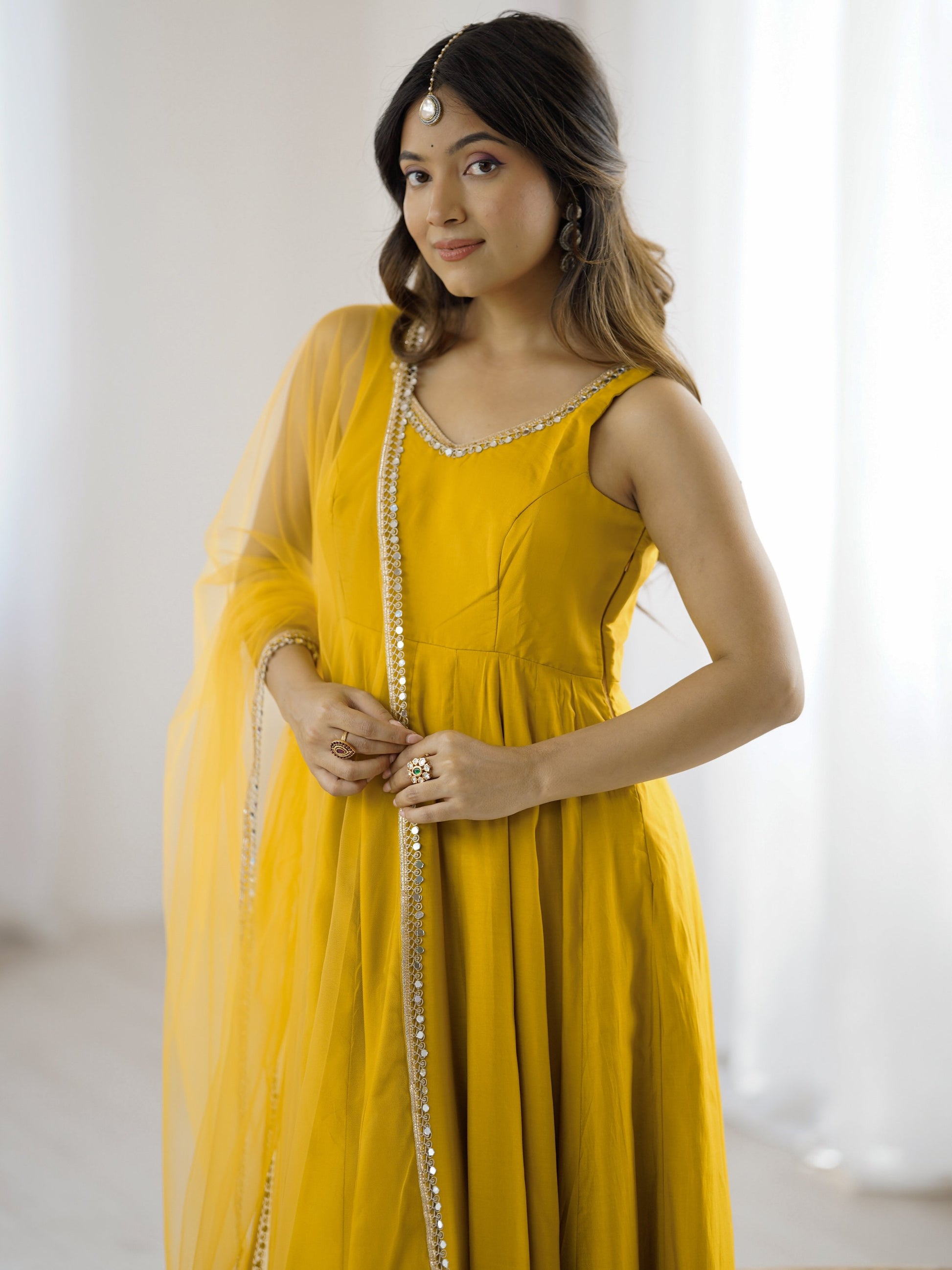 Stunning Mustard Yellow Lace Border Chanderi Silk Haldi Wear Anarkali Suit