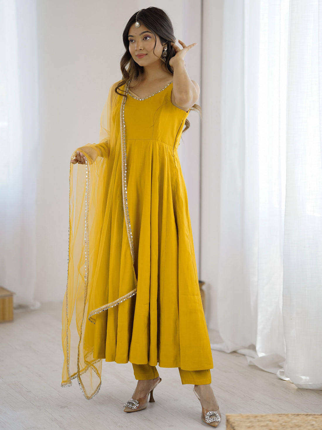Stunning Mustard Yellow Lace Border Chanderi Silk Haldi Wear Anarkali Suit