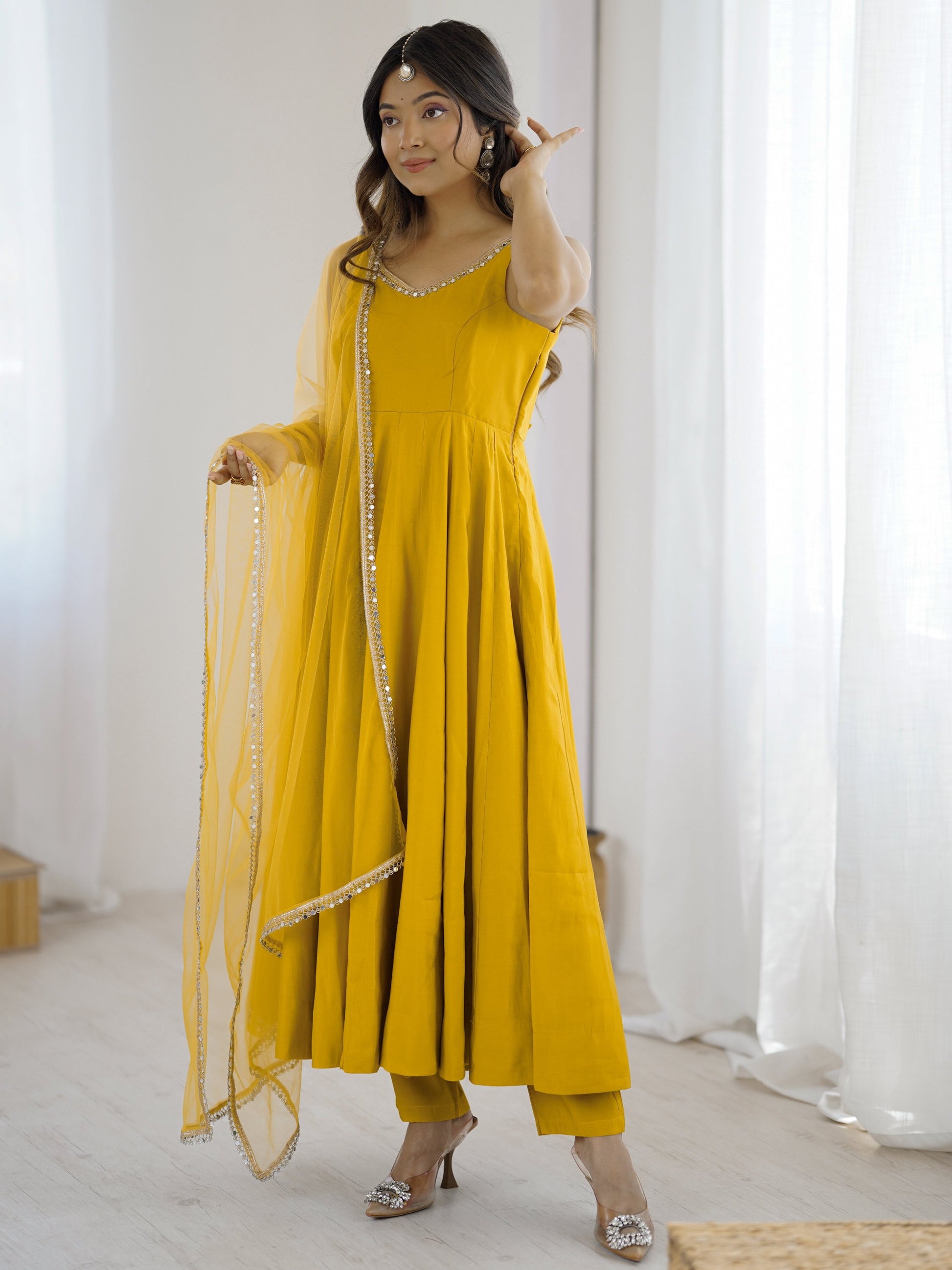 Stunning Mustard Yellow Lace Border Chanderi Silk Haldi Wear Anarkali Suit
