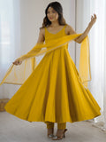 Stunning Mustard Yellow Lace Border Chanderi Silk Haldi Wear Anarkali Suit