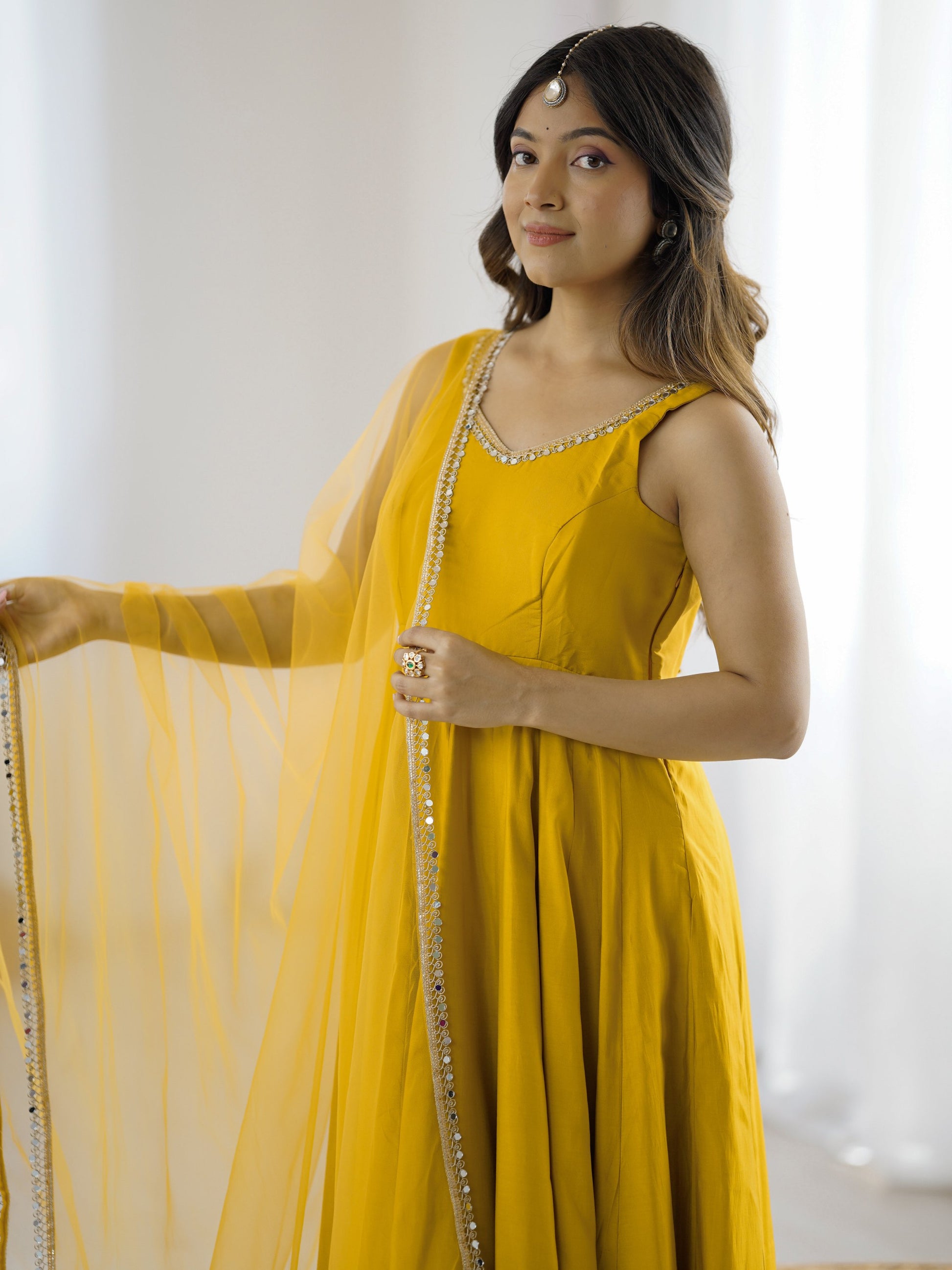 Stunning Mustard Yellow Lace Border Chanderi Silk Haldi Wear Anarkali Suit