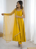 Stunning Mustard Yellow Lace Border Chanderi Silk Haldi Wear Anarkali Suit