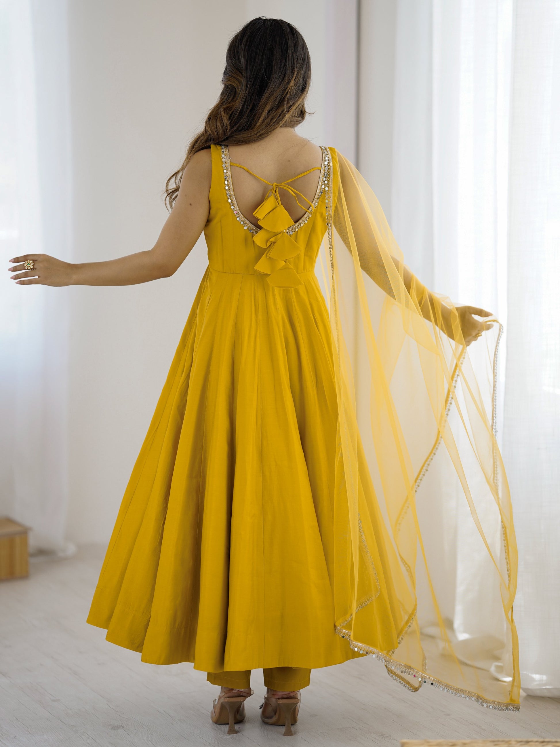 Stunning Mustard Yellow Lace Border Chanderi Silk Haldi Wear Anarkali Suit