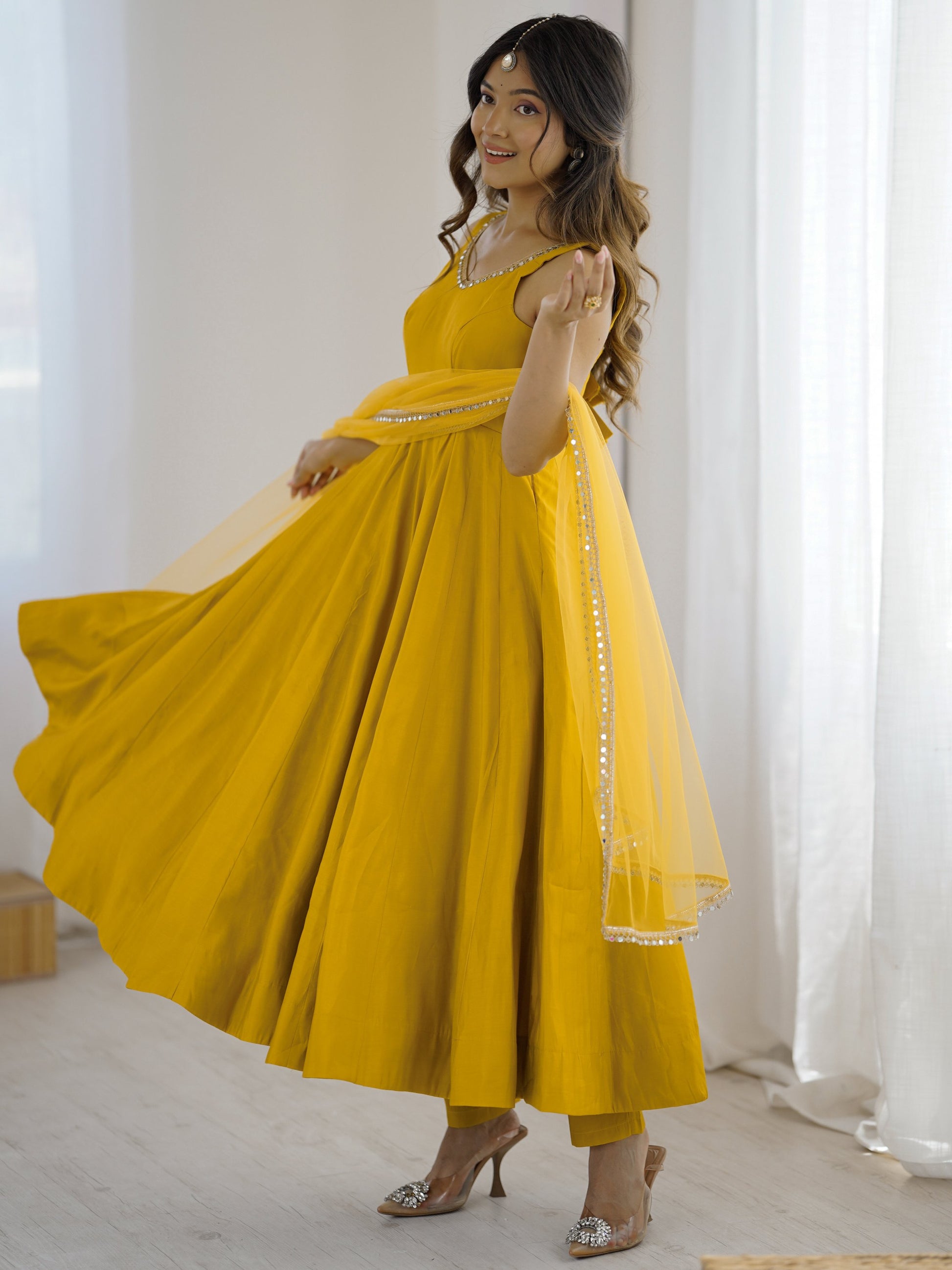 Stunning Mustard Yellow Lace Border Chanderi Silk Haldi Wear Anarkali Suit