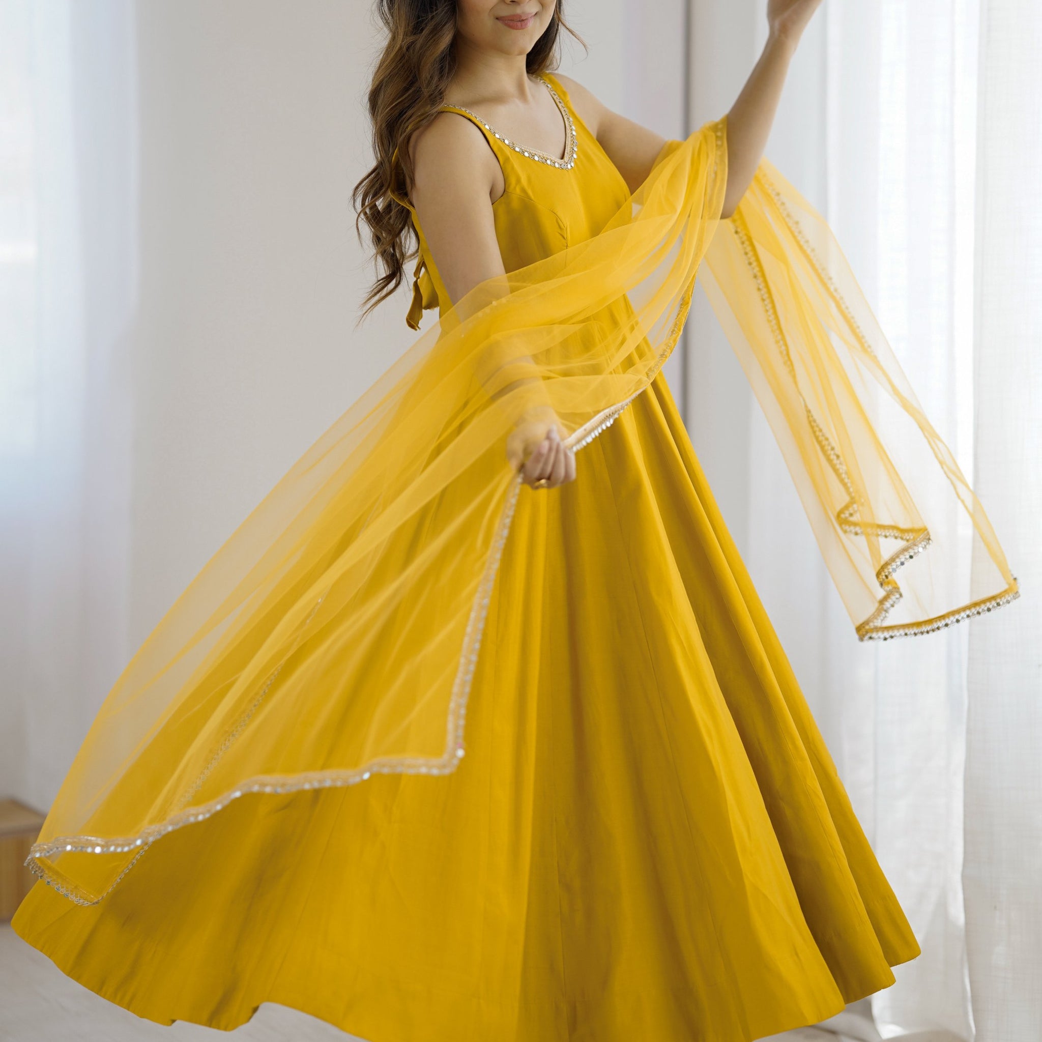 Stunning Mustard Yellow Lace Border Chanderi Silk Haldi Wear Anarkali Suit