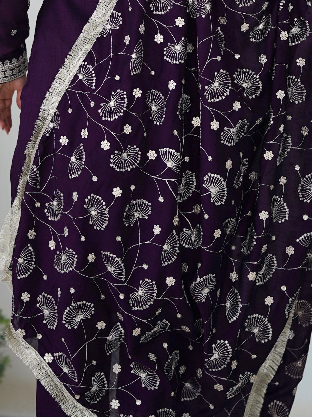 Stunning Purple Sequins Work Silk Festive Wear Pant Suit With Dupatta