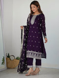 Stunning Purple Sequins Work Silk Festive Wear Pant Suit With Dupatta