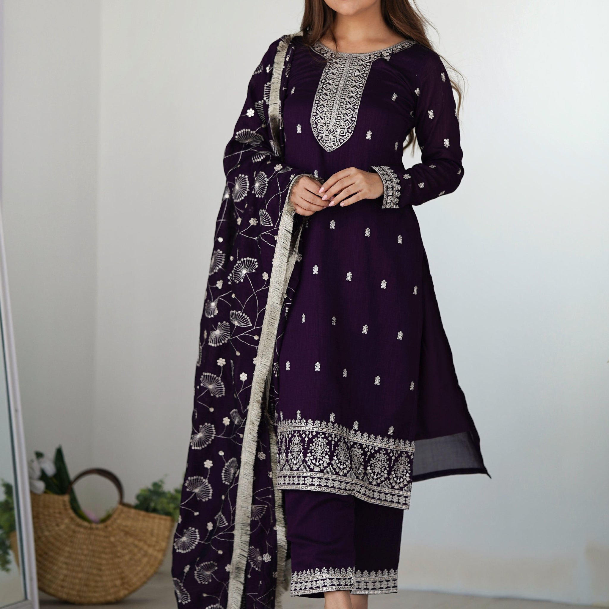 Stunning Purple Sequins Work Silk Festive Wear Pant Suit With Dupatta