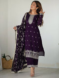 Stunning Purple Sequins Work Silk Festive Wear Pant Suit With Dupatta