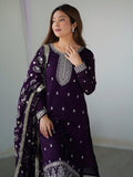 Stunning Purple Sequins Work Silk Festive Wear Pant Suit With Dupatta