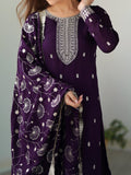Stunning Purple Sequins Work Silk Festive Wear Pant Suit With Dupatta