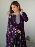 Stunning Purple Sequins Work Silk Festive Wear Pant Suit With Dupatta