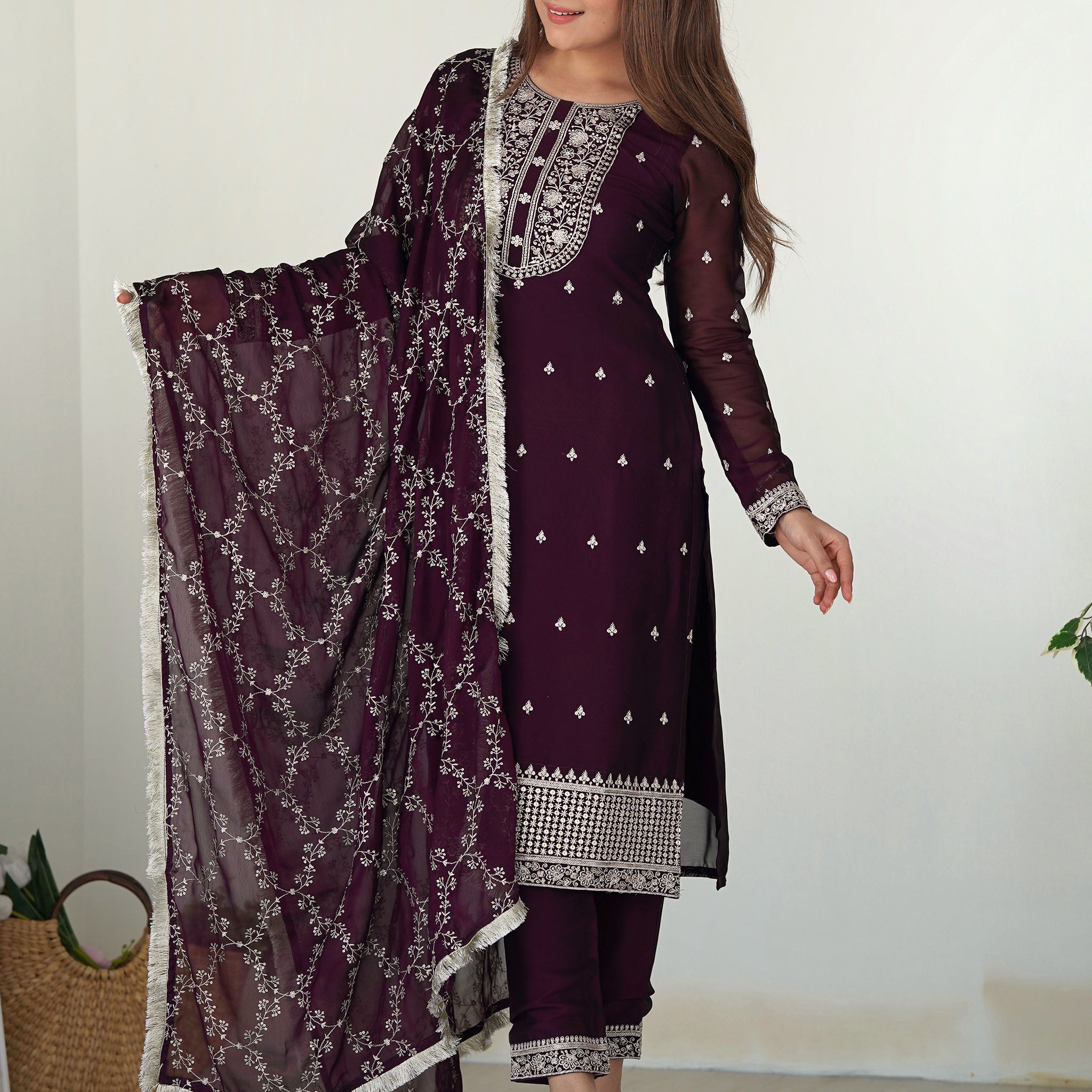 Wonderful Purple Embroidered Silk Pant Suit With Dupatta