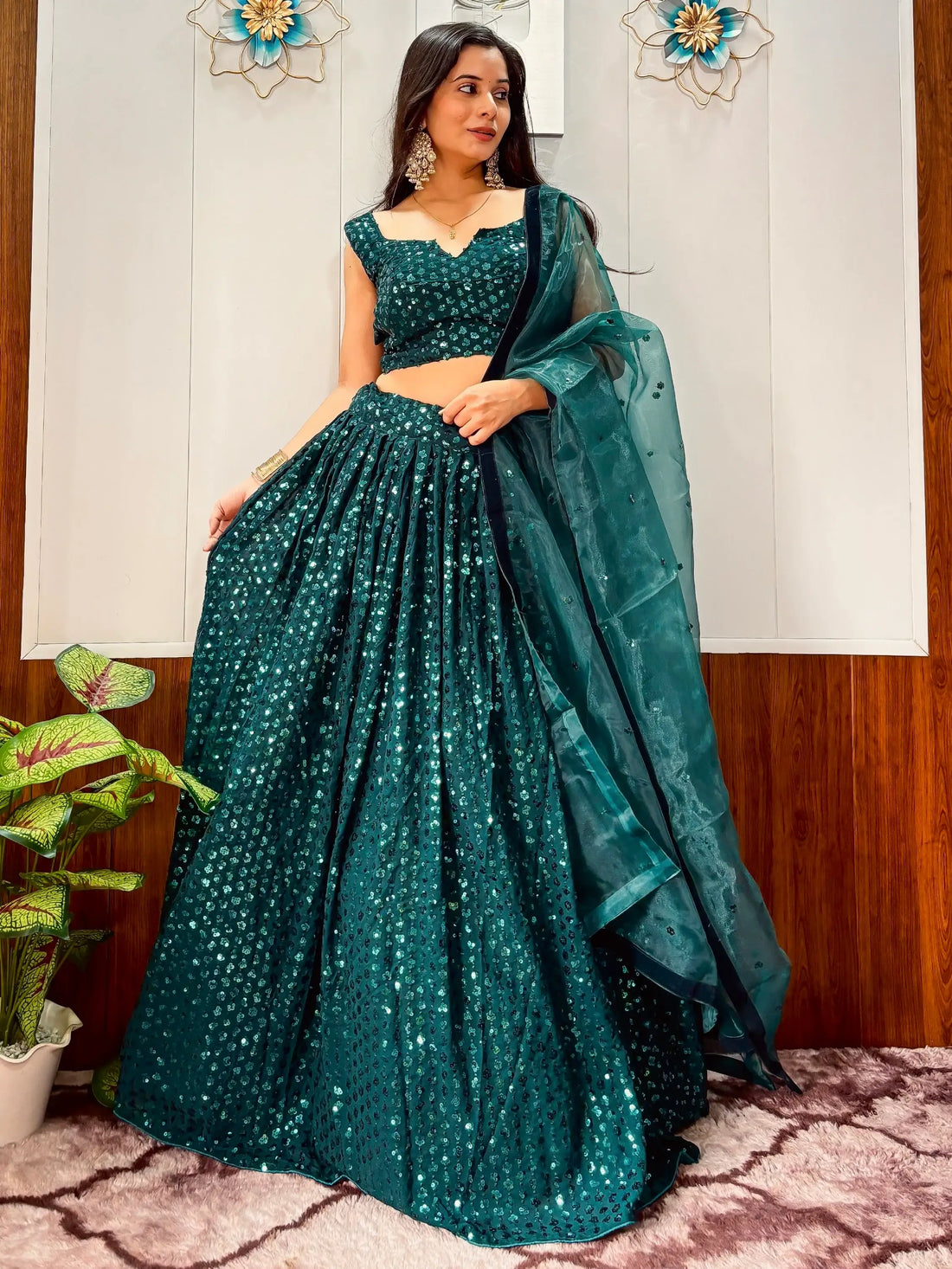 Impressive Teal Green Sequins Georgette Sangeet Wear Lehenga With Blouse