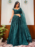 Impressive Teal Green Sequins Georgette Sangeet Wear Lehenga With Blouse