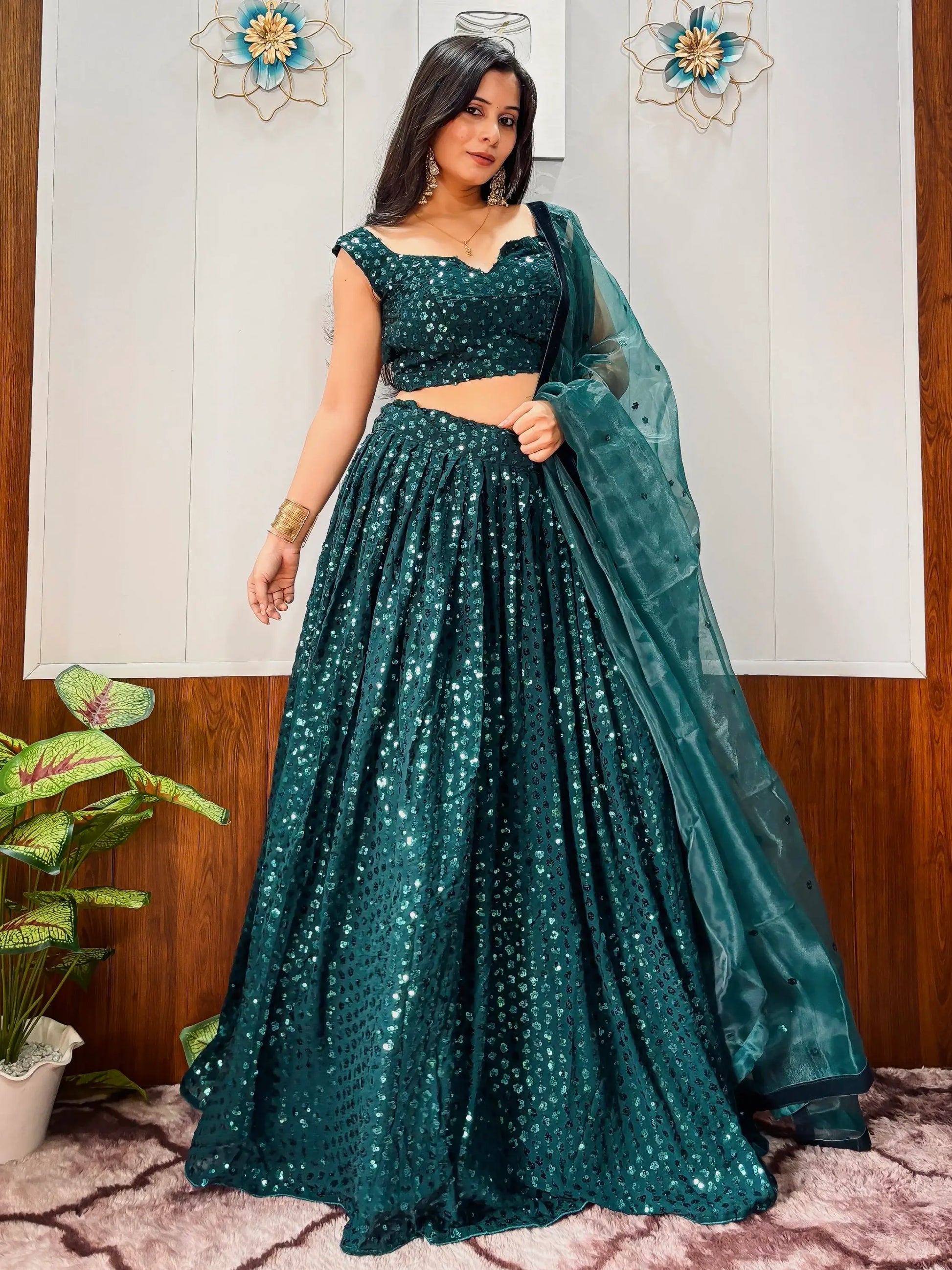 Impressive Teal Green Sequins Georgette Sangeet Wear Lehenga With Blouse