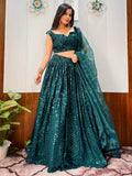 Impressive Teal Green Sequins Georgette Sangeet Wear Lehenga With Blouse