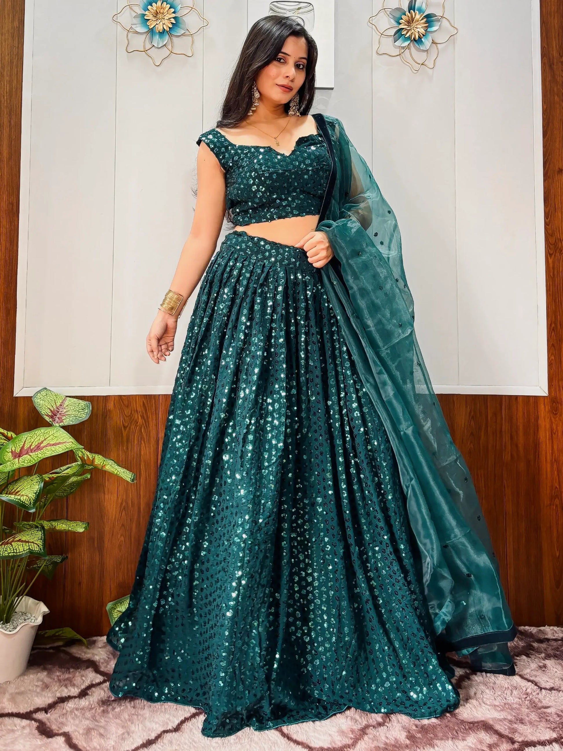 Impressive Teal Green Sequins Georgette Sangeet Wear Lehenga With Blouse